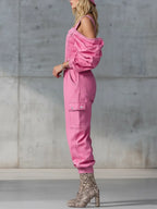 Vintage Denim Jumpsuit Woman Solid Zipper Off-shoulder High Wait Loose Cargo Pants Romper Long Sleeve Overalls One-Piece Suit