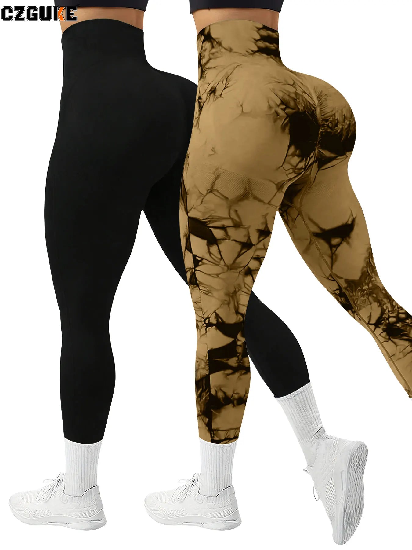 CZGUKE 2-piece women's tie dye pants sports leggings seamless high waisted push ups women's fitness and exercise clothes