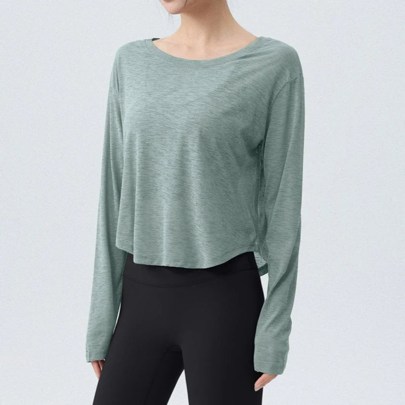 DRUR Women's Long Sleeve Yoga T-Shirts, Loose Fit Sports Fitness Crop Tops Casual Lightweight Thin Shirt For Gym Street Travel