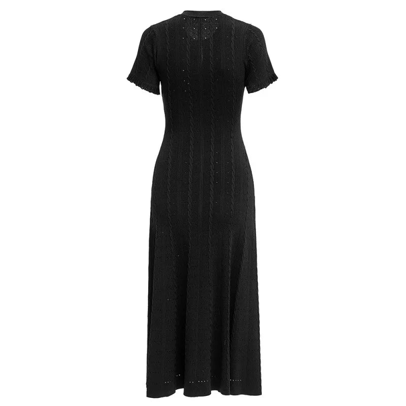 Summer Solid Round Neck Short Sleeved Office Lady Knitted Dress Women Korean Single Breasted Hollow Out Long Dress Fashion Trend