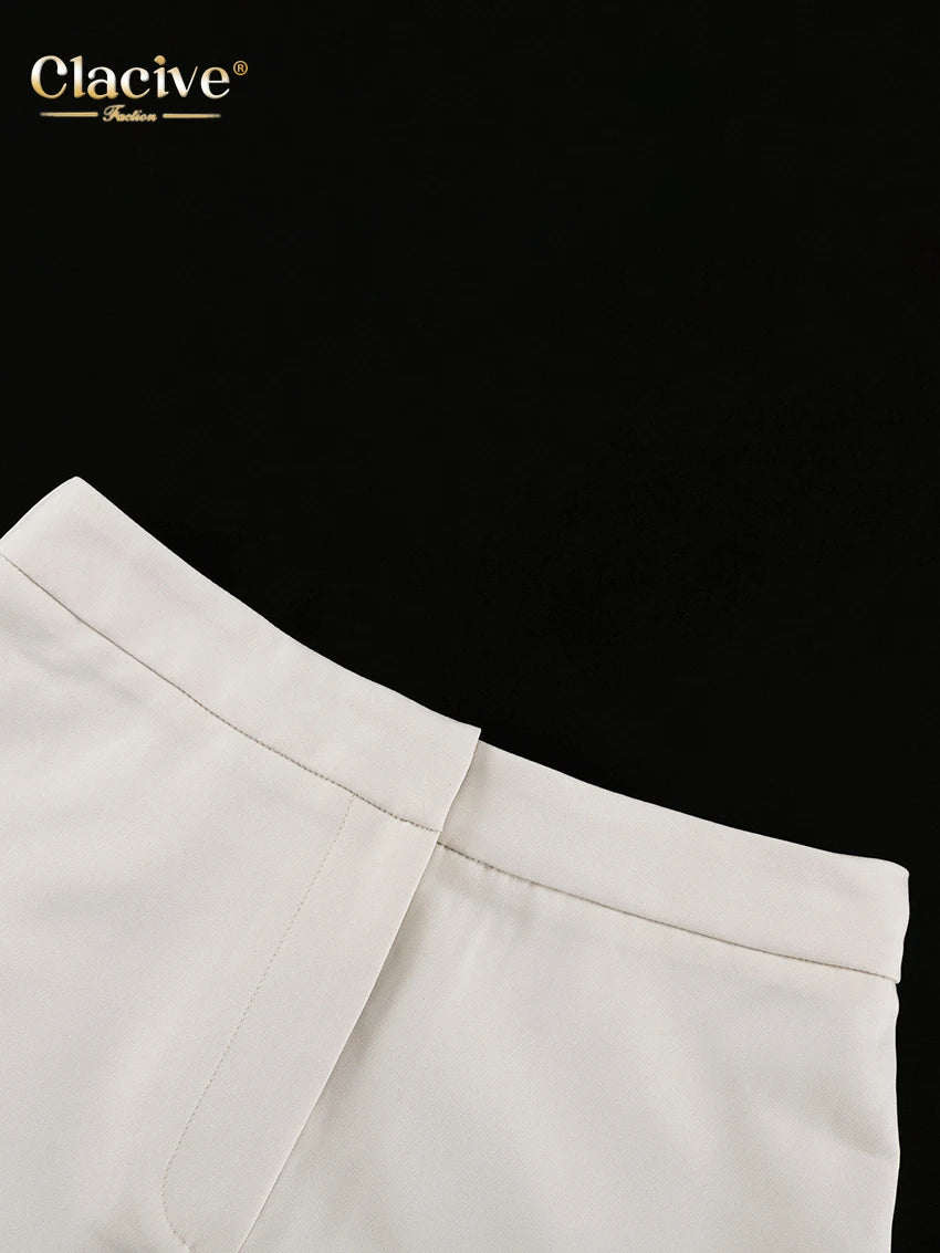 Clacive Fashion Loose Beige Women's Two Pieces Set 2025 Sexy Long Sleeve Shirt With High Waist Shorts Set Female Streetwear