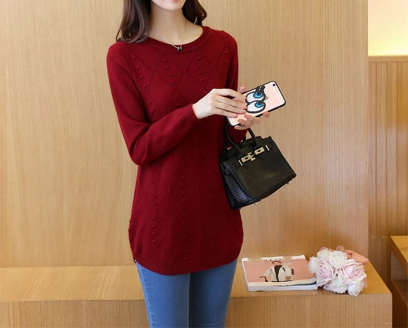 Knitted Jumper Autumn Winter Tops O-neck Long Sleeve Pullovers Casual Warm Women's Sweaters Midi Long Slim Sweater Girls