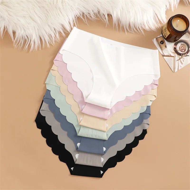 7PCS/Set Ice Silk Seamless Panties Women's Briefs Solid Color Elastic Underwear Female Ultra Thin No Trace Wavy Side Panties