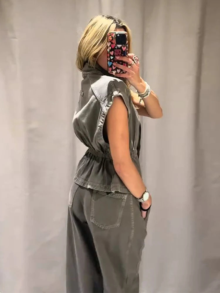 Denim Vest Loose Long Pants Woman Set High Neck Single Breasted Waist Cinched Tops High Waist Trousers Chic Casual Lady New Sets