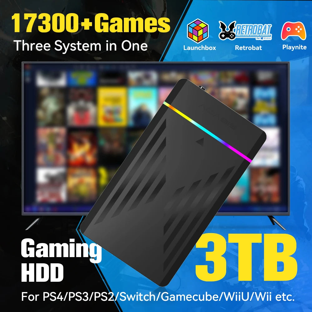 3TB Portable Gaming HDD LaunchBox/Retrobat/Playnite Retro Game Console with 17300+ AAA/3D/Retro Games for PS4/PS3/PS2/Switch/Wii Main image