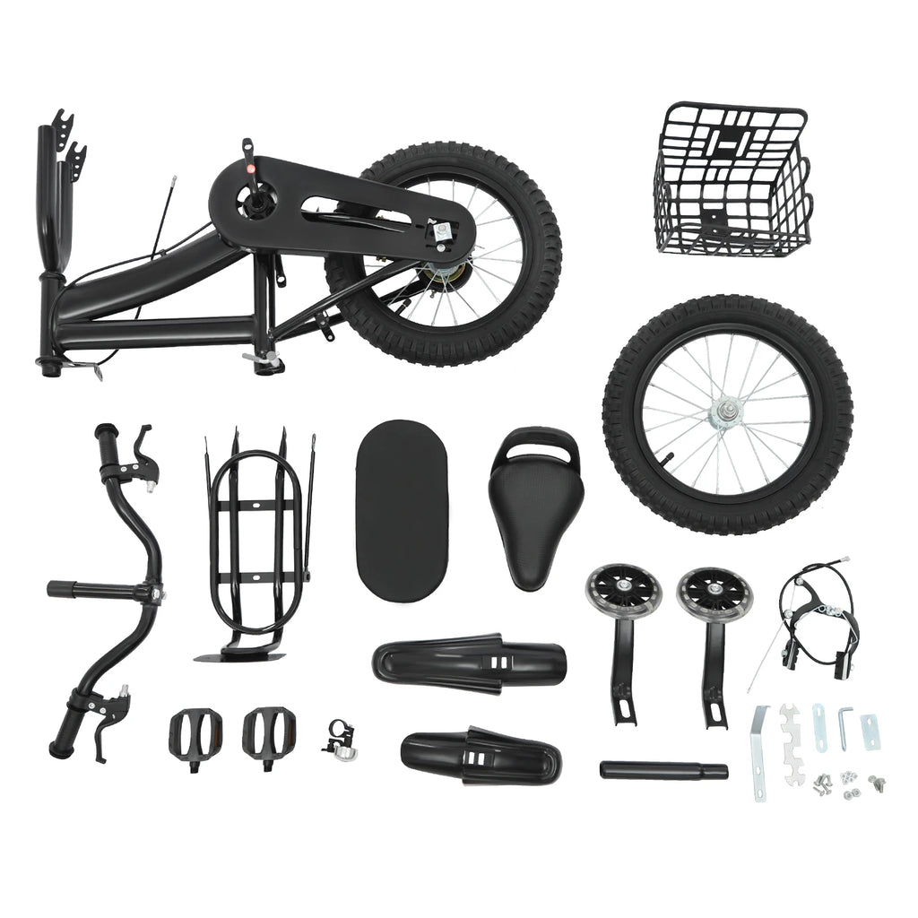 14" Kids Bike Adjustable Children's Bicycle Load 60kg w/Training Wheels+Basket+Backrest Rear Seat for 3-7 Year Old (White/Black)