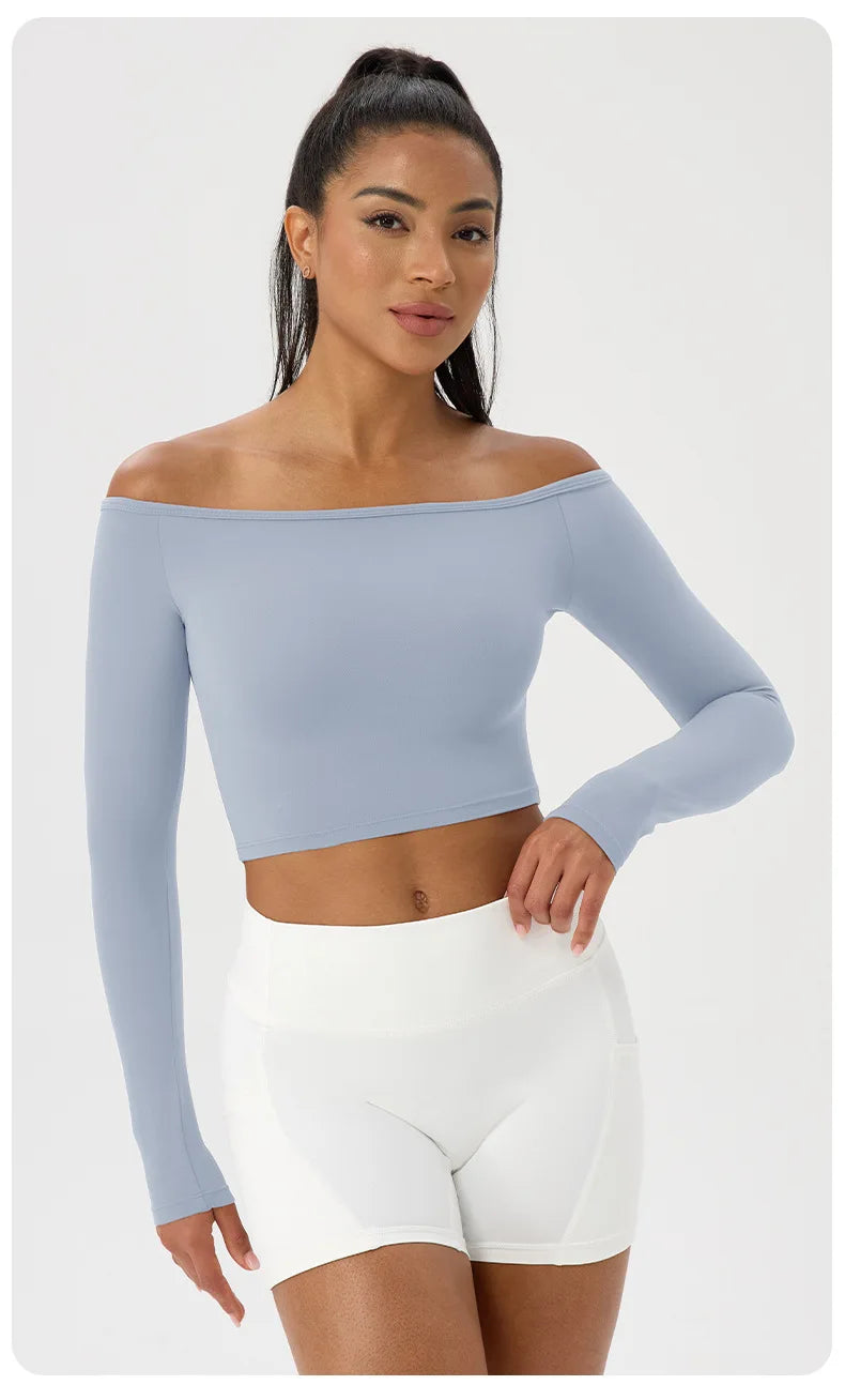 Yoga long-sleeved T-shirt women's one-shoulder sexy tight fitness wear top nude feel quick-drying sports sleeved Yoga Shirts