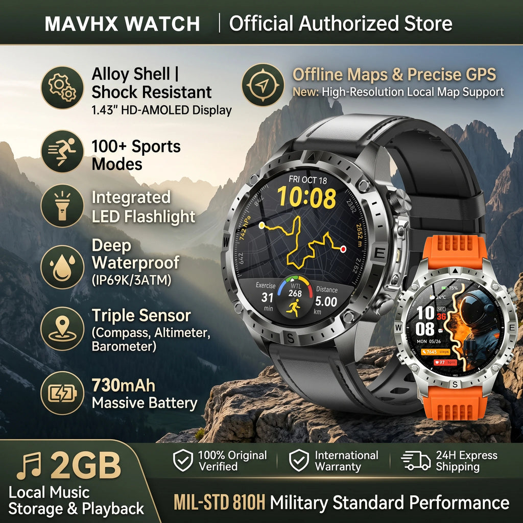 GPS Smart Watch for Men 2G ROM GPS Offline Maps Waterproof Swim Hiking Fitness Tracker Sleep SpO2 Rugged Durable Smartwatch GPS