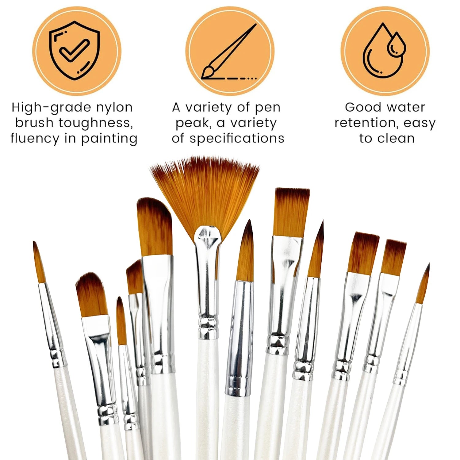 32pcs White Artist Brush Set - Round, Angle, Flat, Fan & Detail Brushes. Multi-functional for Acrylic, Oil, Watercolor, Gouache