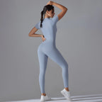 Naked zipper short sleeved yoga suit jumpsuit, quick drying breathable outdoor sports tight fitting jumpsuit, fitness suit
