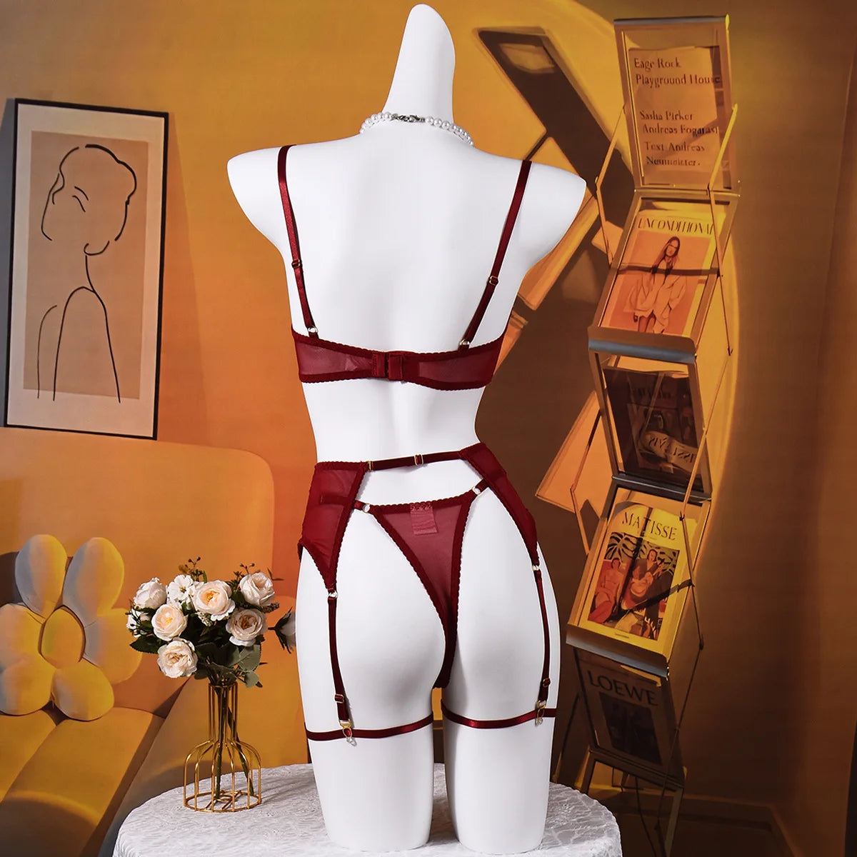 Elegant Lingeries Sexy Hot Exclusive Coffee Bra Belt Thong 3PC with Leg Circles Cute Intimate Lace Tempted Tipsy Set