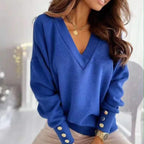 Spring Autumn Women Pure Soft Long Sleeve Sweater V-neck Fashion Jumper Office Lady Button Loose Casual Pullover Top Sweaters