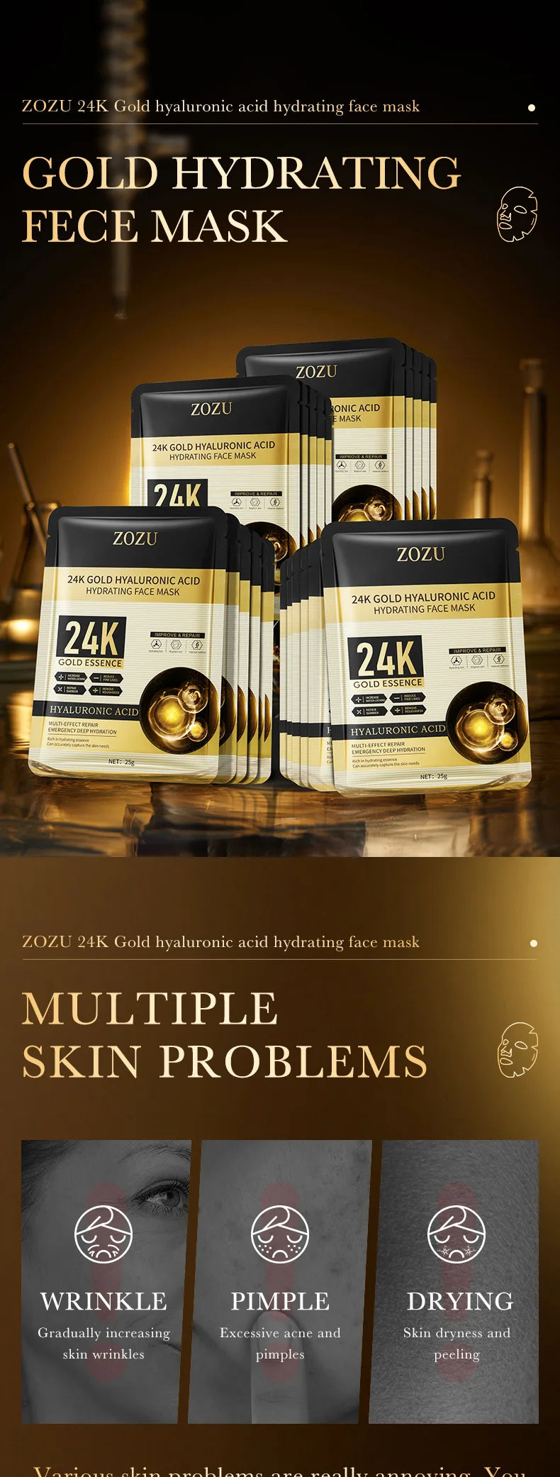 10 pieces 24k Gold Hyaluronic Acid Moisturizing Facial Mask Whitening Mask for Face Women Korean Skin Care Products