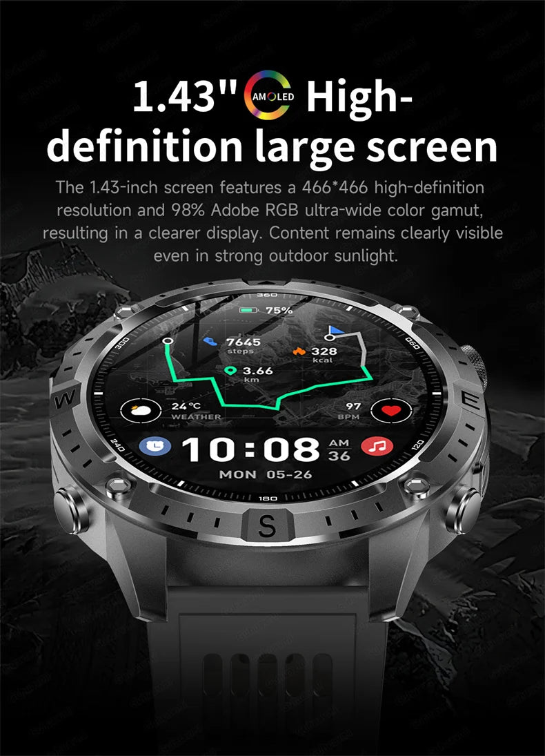 2026New Military T-Rex3 GPS Map Navigation Smart Watch 2GB RAM 1.43-inch AMOLED Screen 30M Waterproof Call Sports Smartwatch Men