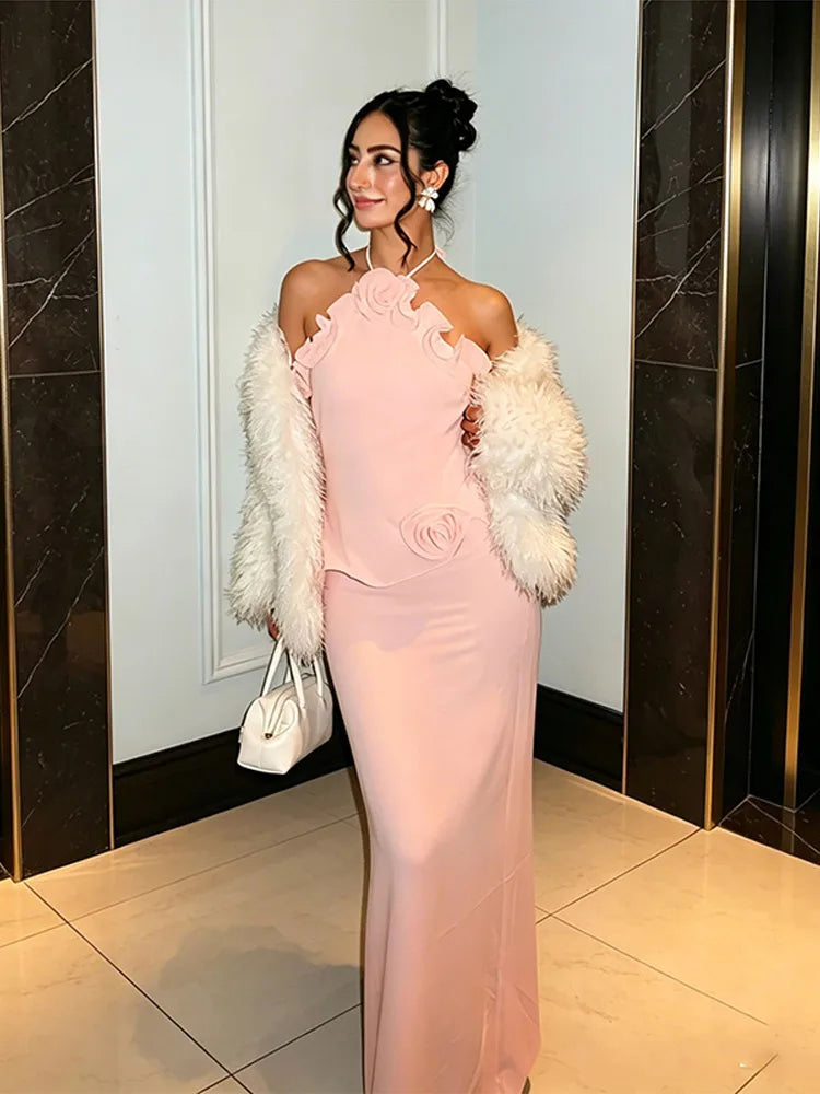 3D Prited Ruffle Women's Maxi Dress Halter Neck Trim Sleeveless Formal Evening Dresses 2026 Summer Wedding Guest Woman Vestidos Main image