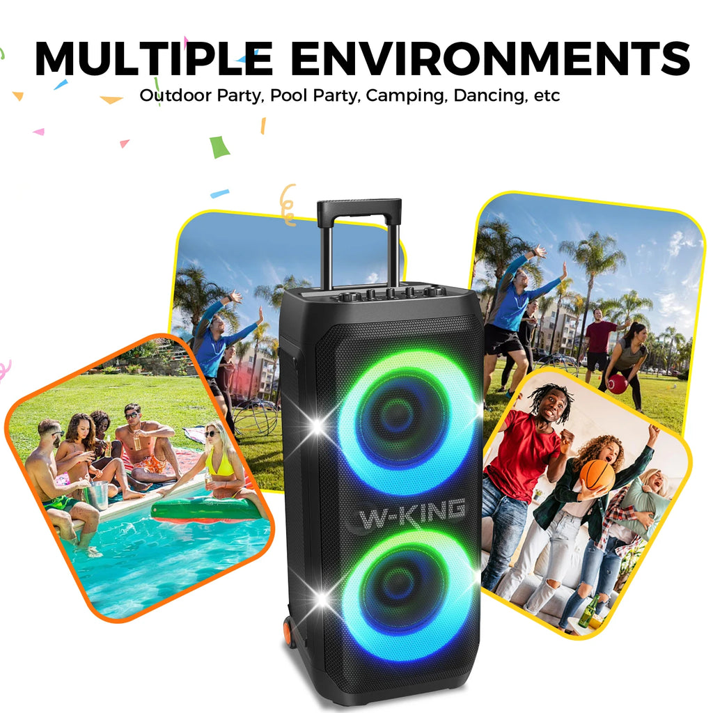 W-KING T12 Tragbare Bluetooth-Lautsprecher-Box mit 370W MAX Pro Sound, Lichtshow, CSB, Bass Boost, Rollen und Teleskopgriff
