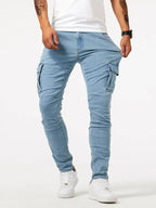 Men's street stretch denim jeans, washed solid color multi pocket work pants, casual slim fit, daily wear, jogging pants, mid wa