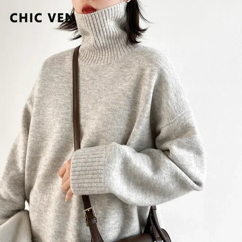 CHIC VEN Korean Women's Sweater Loose Turtleneck Sweaters Warm Solid Pullover Knitwear Basic Female Tops Autumn Winter 2022 Main image