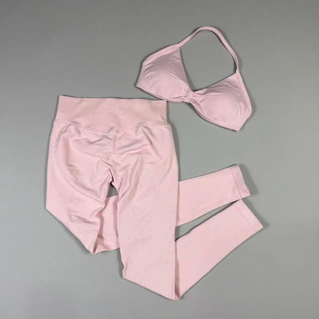 UETEEY Set For Woman Strappy Yoga Bra Sports Top Workout Leggings Set Seamless Gym Set Fitness Clothes Outfit Activewear