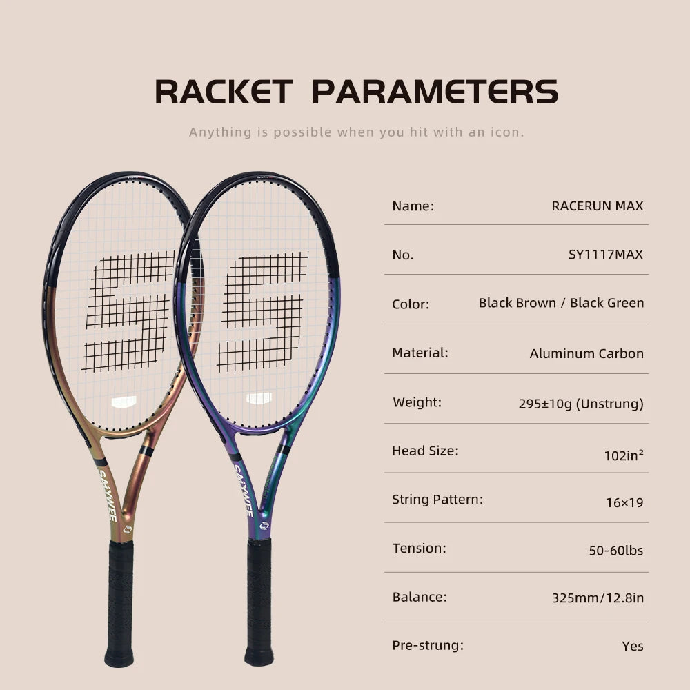 RaceRun-MAX Composite Carbon Tennis Racket, 295±10g Lightweight, 325mm Balance, One-Piece Stable Frame, 50-60lbs, for Advanced