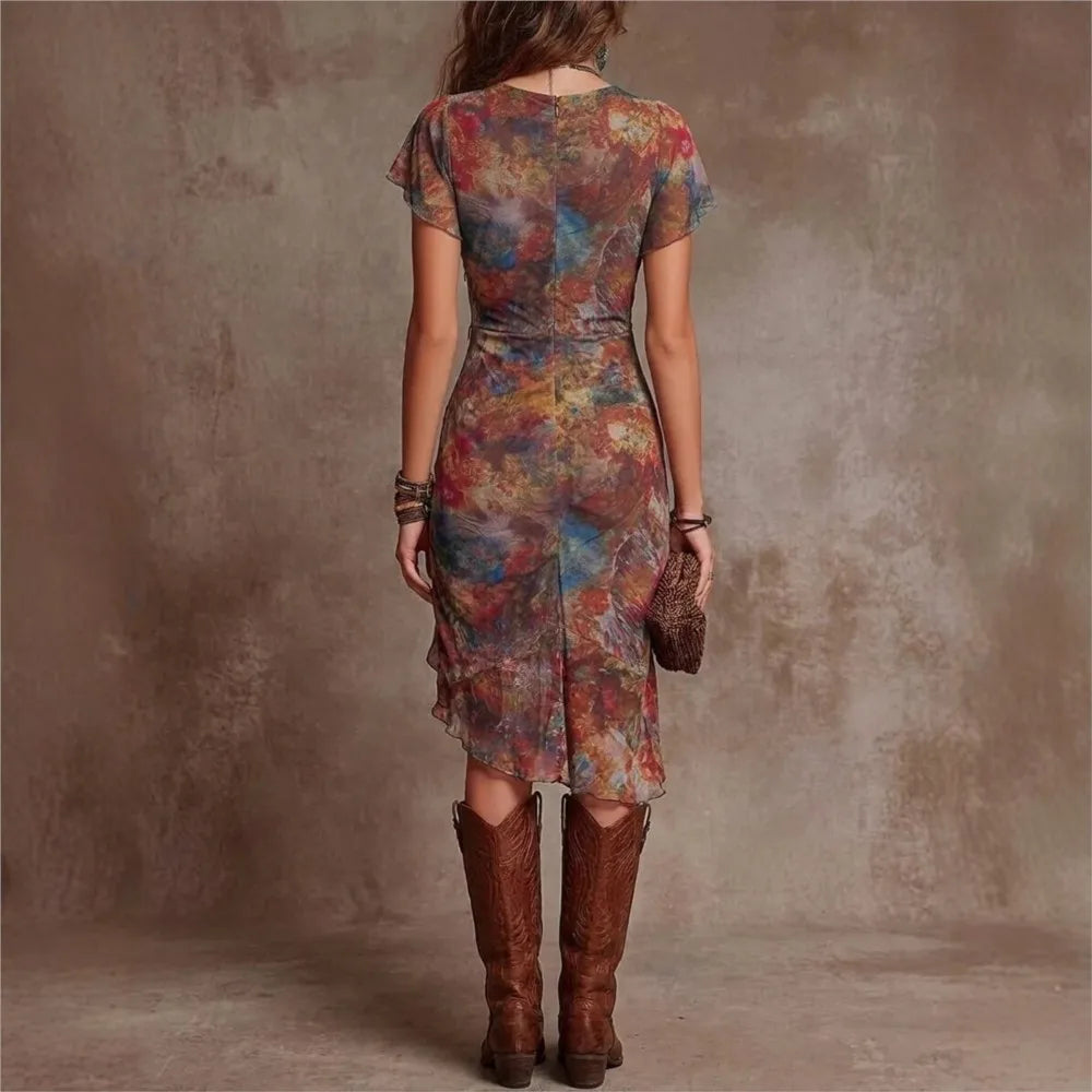 2026 Sexy Deep V Neck Printed Lace Women's Short Sleeve Dresses Summer New Fashion Slim Ruffle Female Party Dress Short Dress