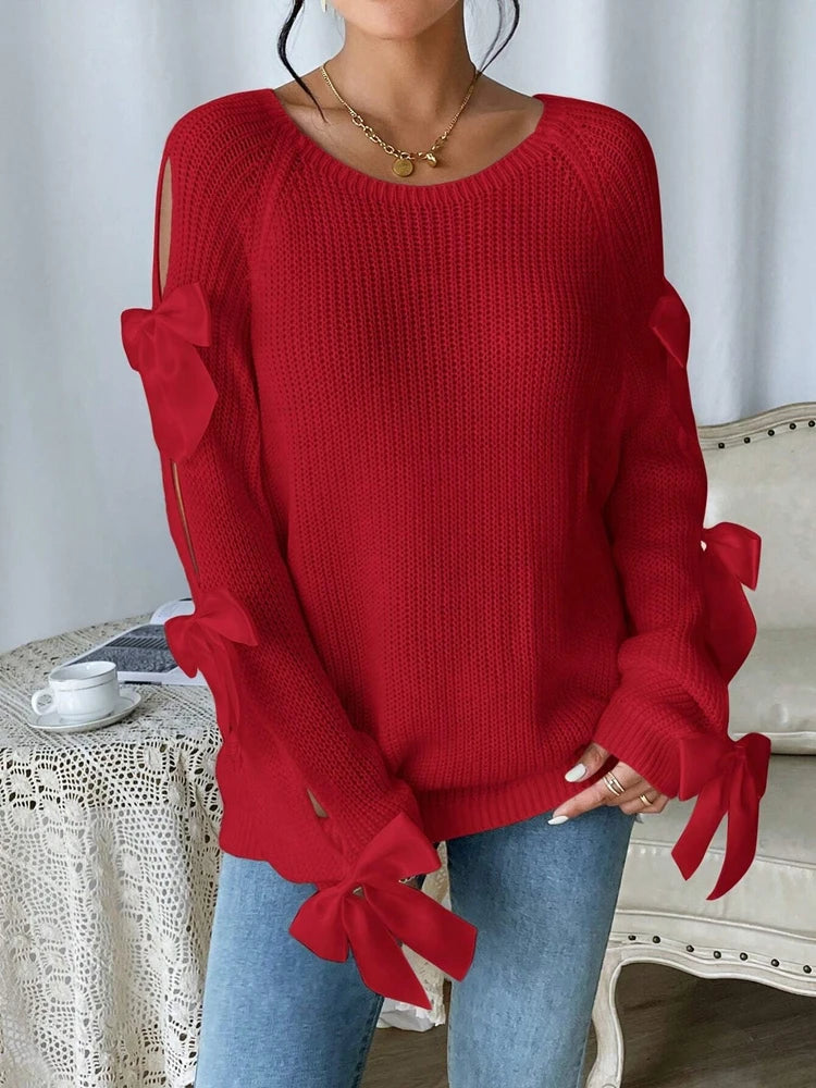 Fashionable bow details hollowed out raglan sleeves knit sweater round neck minimalist sweater