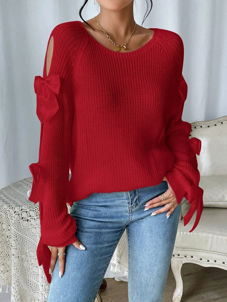 Fashionable bow details hollowed out raglan sleeves knit sweater round neck minimalist sweater