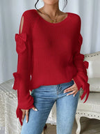 Fashionable bow details hollowed out raglan sleeves knit sweater round neck minimalist sweater