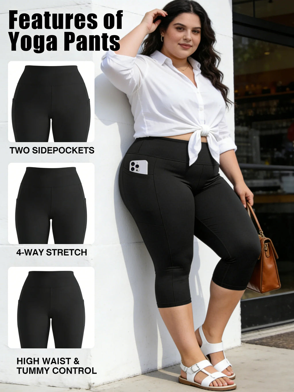 Plus Size Leggings with Pockets for Women - Black High Waisted Tummy Control Soft Yoga Pants for Gym Workout