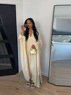 Maxi Dress Women's Dresses Batwing Sleeve Beige Ruffle Tie Neck Pleated Oversized Woman Clothes Casual Wear Summer Outfit