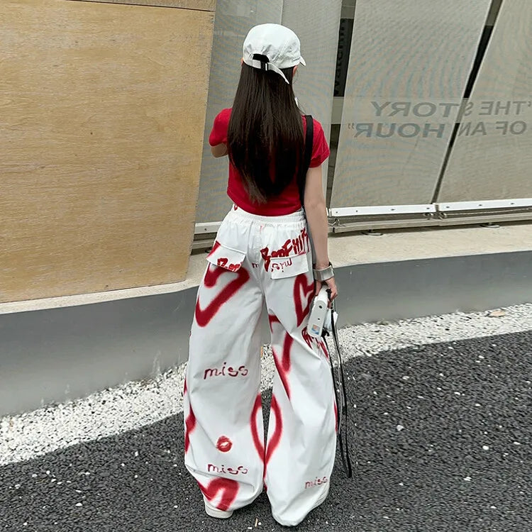 2026 summer spring teens tracksuit Girls cloth heart graffiti 1pc t-shirt top or long wide leg pant Kid 4 6 7 8 9 10 12 14 year
