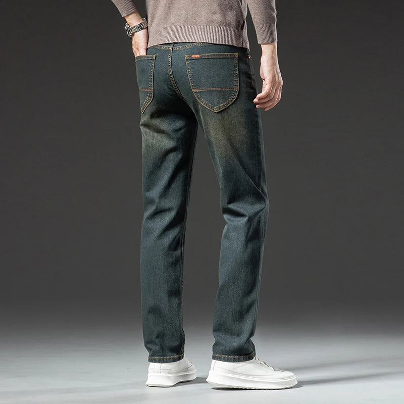 High Quality Winter Jeans Men's Warm Fleece Thickened Elastic Denim Pants Fashion Straight Elastic Retro Plush Velvet Pants