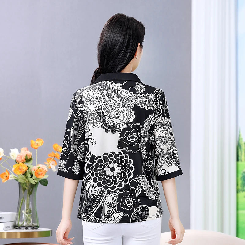 Summer half sleeve Shirt Fashion Commute All-match Ice Silk Printed Button Loose Women's Blouses Top