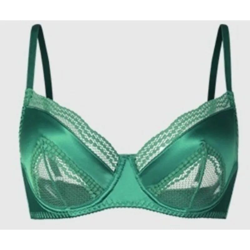 Sexy French Satin Lace Lingerie Set for Large Bust Ladies, Sheer Slim Chest, Summer Ultra-thin Small-cup Support Bra Set, S-XL Main image