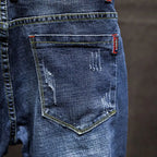 American Elastic Straight Jeans Men Ripped Worn-out Slim-fit Cotton Denim Pants Korean Style Fashion Blue Black Men's Clothing
