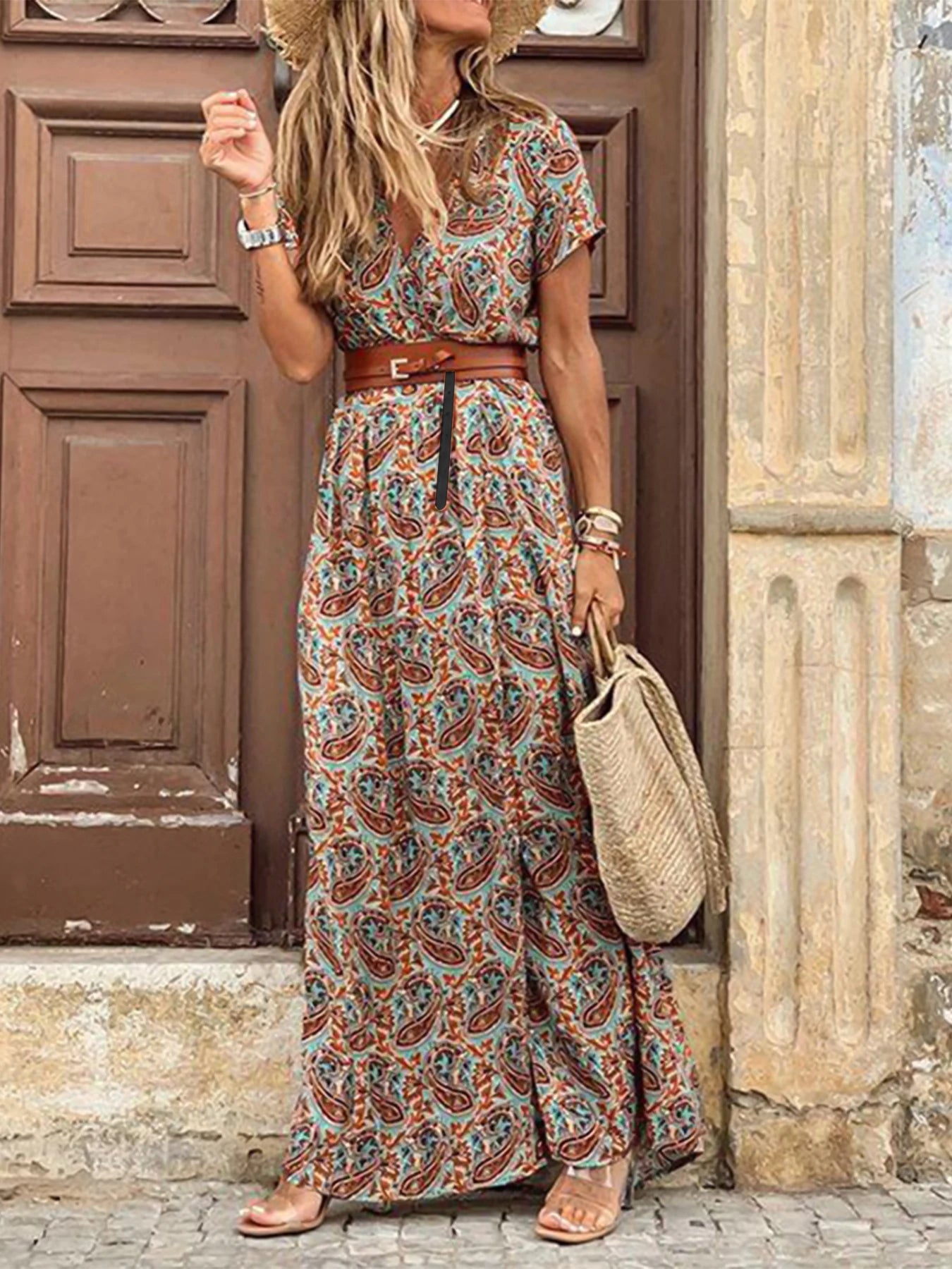 Elegant Floral Pleated H shaped Midi Dress Female V Neck Puff Sleeve Waist Ruched Button Dresses Women Summer Dress Robe