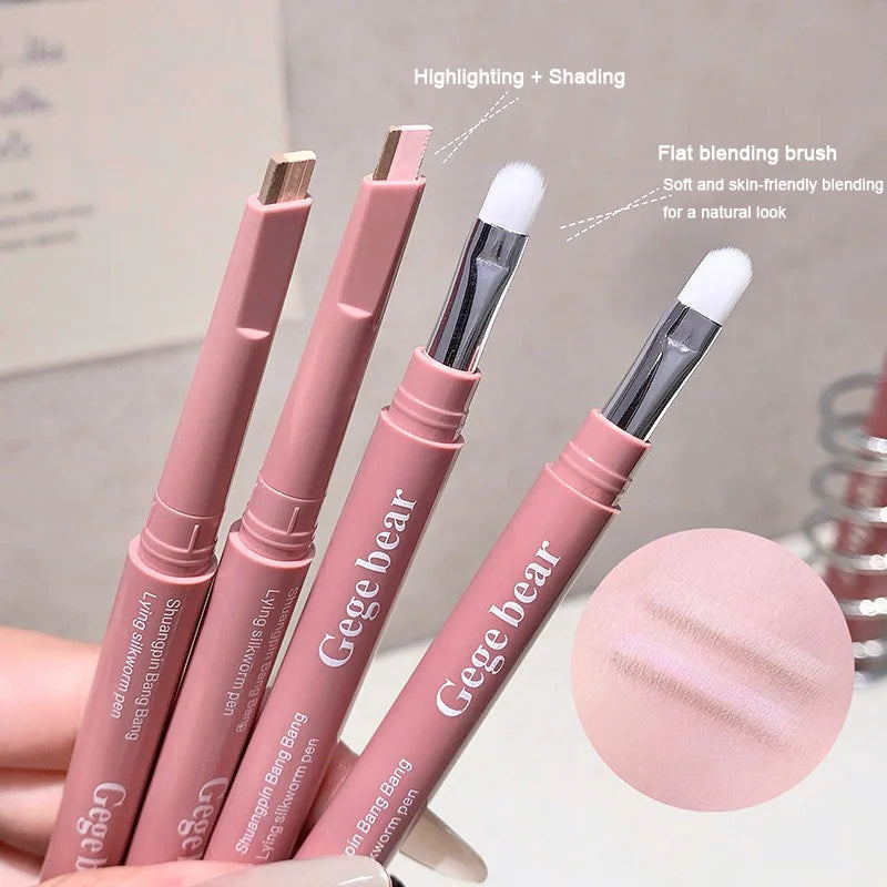 Double Ended Lying Silkworm Pencil 2 in1 Highlighter Nude Lower Eyelid Contour Aegyo-sal Eyeliner Makeup Stick with Detail Brush