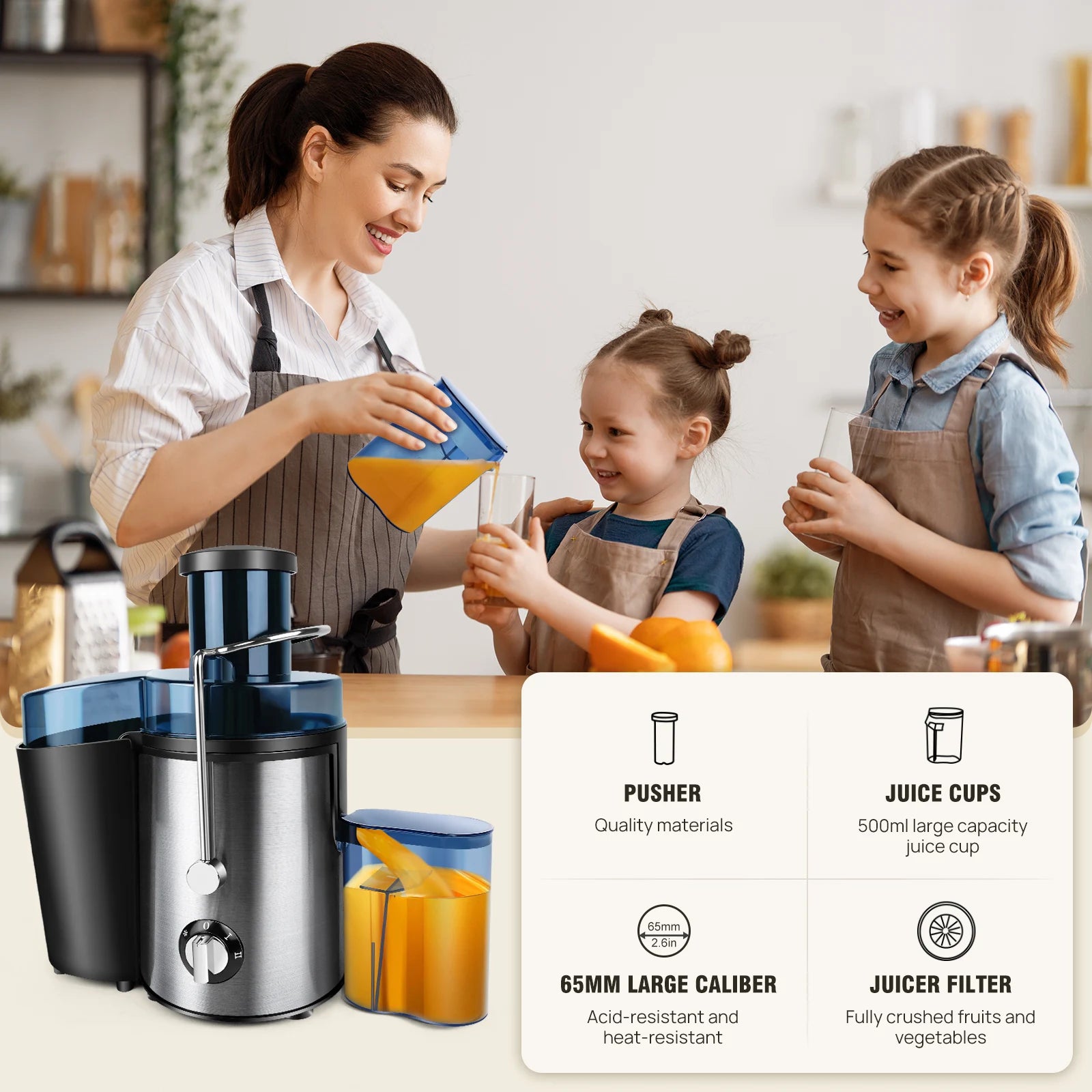 BRIEFNESS Juicer Centrifugal Juicer Machines Whole Fruit Vegetable 500W 65mm Wide Mouth 2 Speed 500ml Efficient Juice Maker