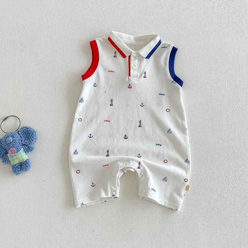 2026 New Summer 0-2Y Baby Clothes Cartoon Print Sleeveless Polo Romper Breathable Mesh Fabric with Placket Snap Closure