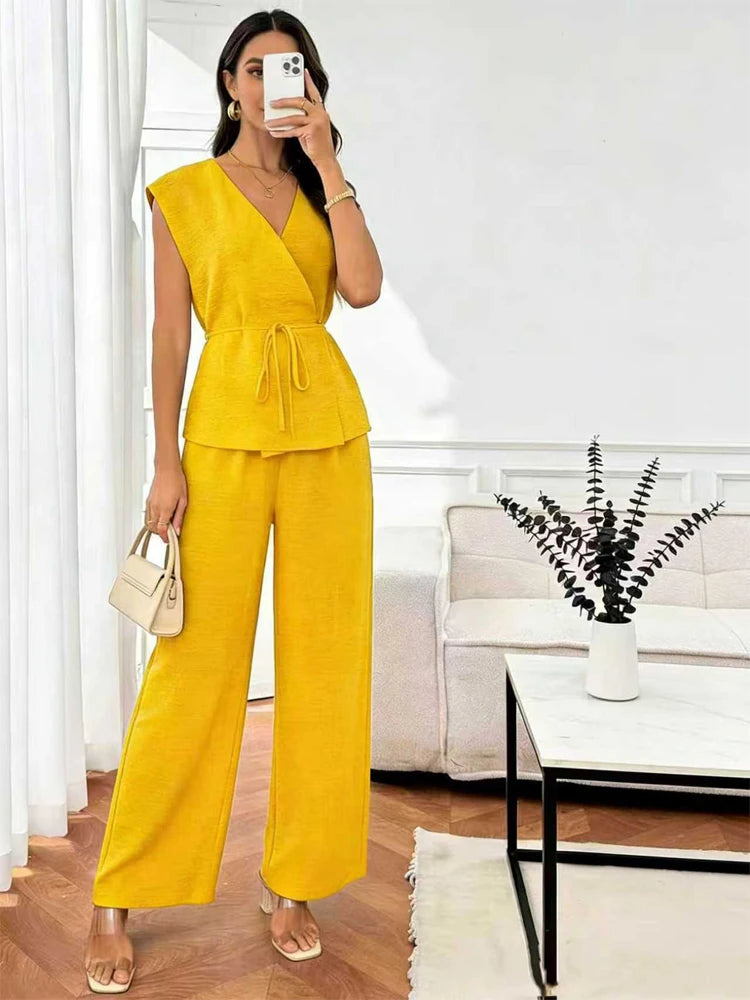 Women Solid Lapel Full Sleeves Pant Suits Chic Single Breasted Wide-leg Long Pants Sets 2026 Lady  Casual Daily Loose Fit Outfit
