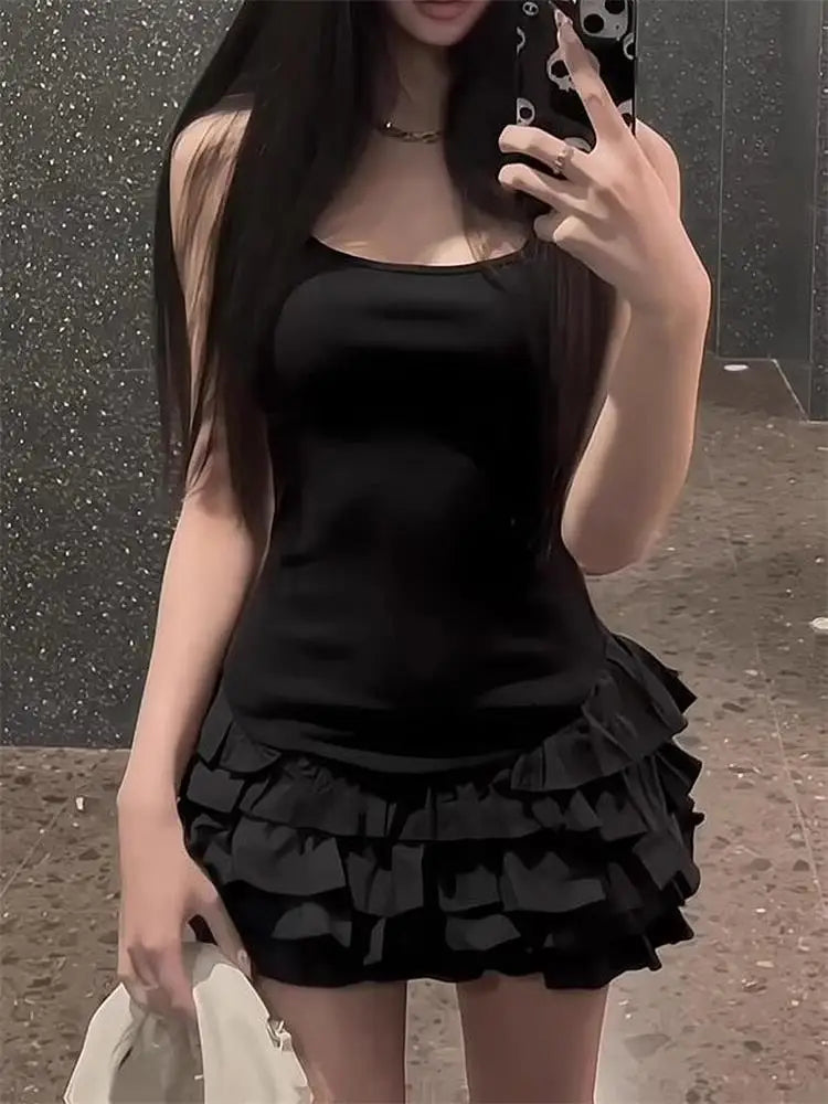 Chic Y2K Sleeveless Mini Dress For Woman Summer Black Dresses Sexy Clubwear Party Slim fit Ruffle Pleated Short Dress Main image