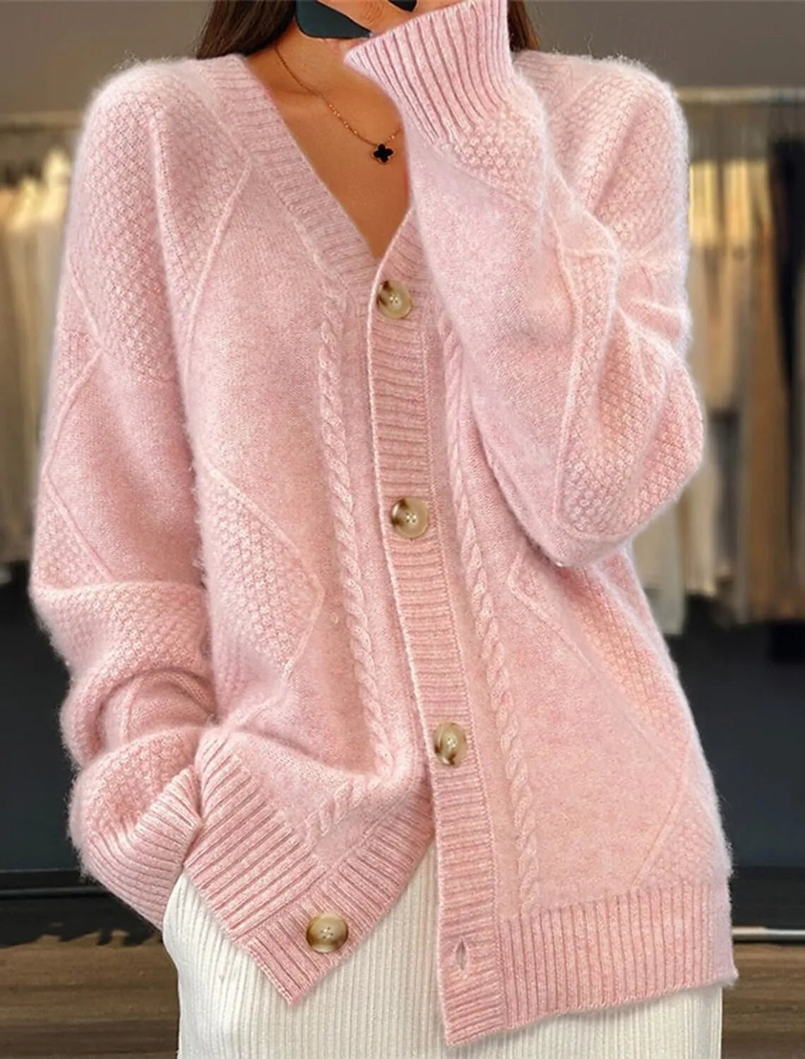 autumn and winter new solid color long sleeved V-neck knitted cardigan with breasted jacquard women's sweater Main image