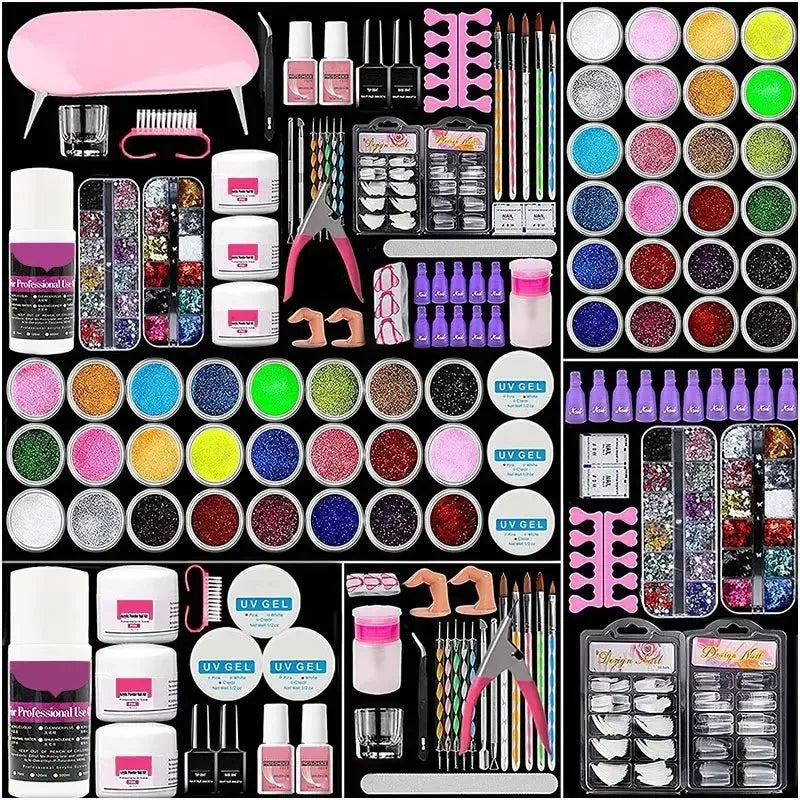 58pcs/Set Fashion Nail Sets Art Tools A Full Set Professional Nail 42-color Crystal Powder Press on Nail Polish Glue Tools Kits Main image