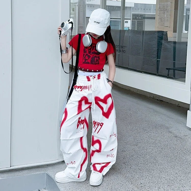 2026 summer spring teens tracksuit Girls cloth heart graffiti 1pc t-shirt top or long wide leg pant Kid 4 6 7 8 9 10 12 14 year