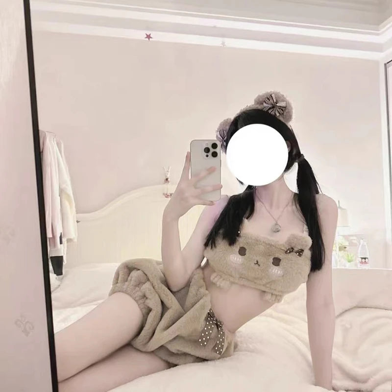 Japanese Kawaii Lolita Pajamas Nad Panty Set Women Cute Cartoon Bra Bow Underwear Pumpkin Panty Push Up Bras Lingerie Intimate