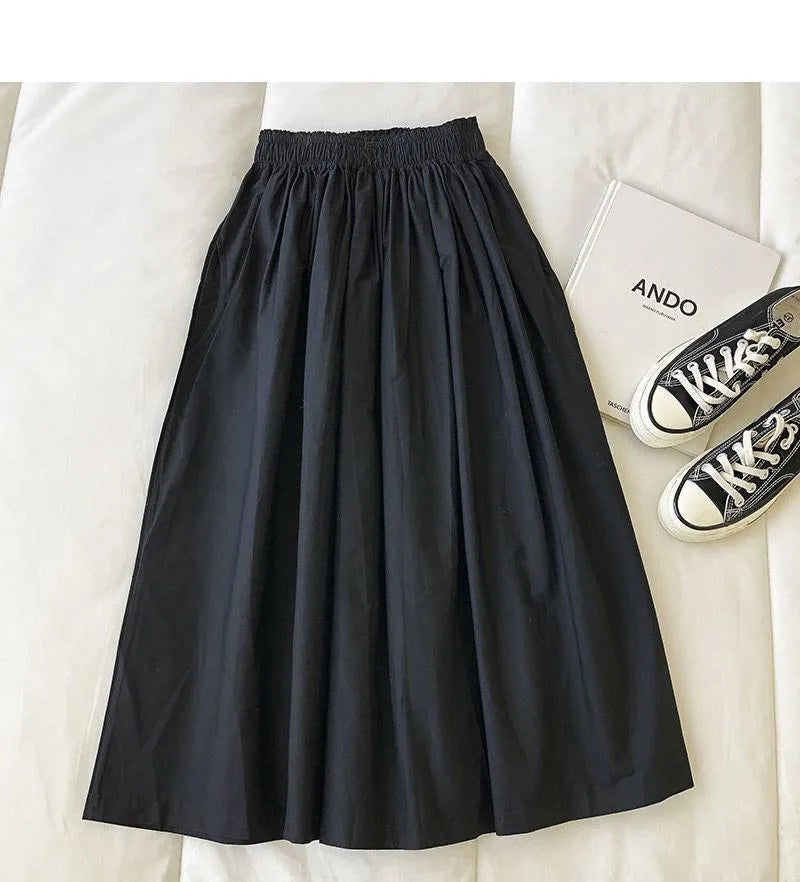 Women Black skirt midi High waist korean style Pleated a line Vintage Clothing 2026 new Summer Casual Fashion Ladies Work Wear