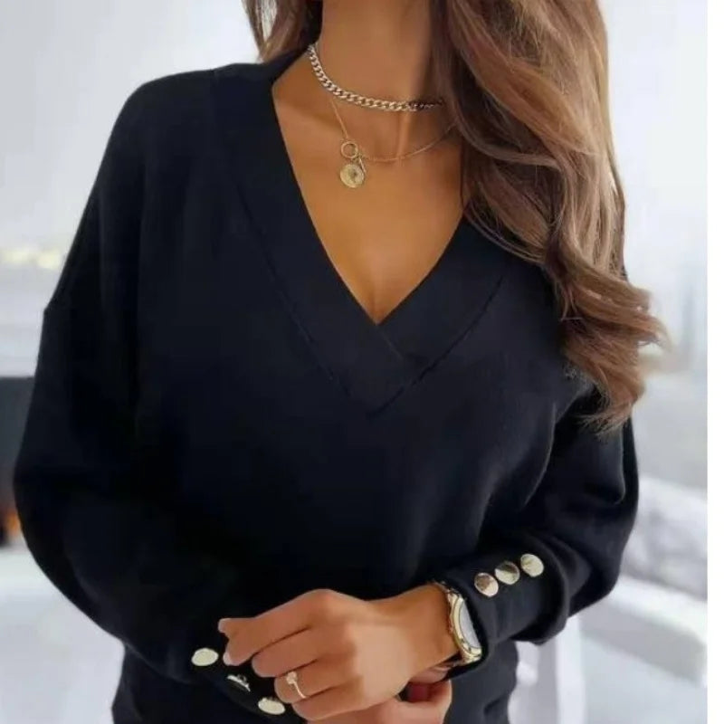 Spring Autumn Women Pure Soft Long Sleeve Sweater V-neck Fashion Jumper Office Lady Button Loose Casual Pullover Top Sweaters