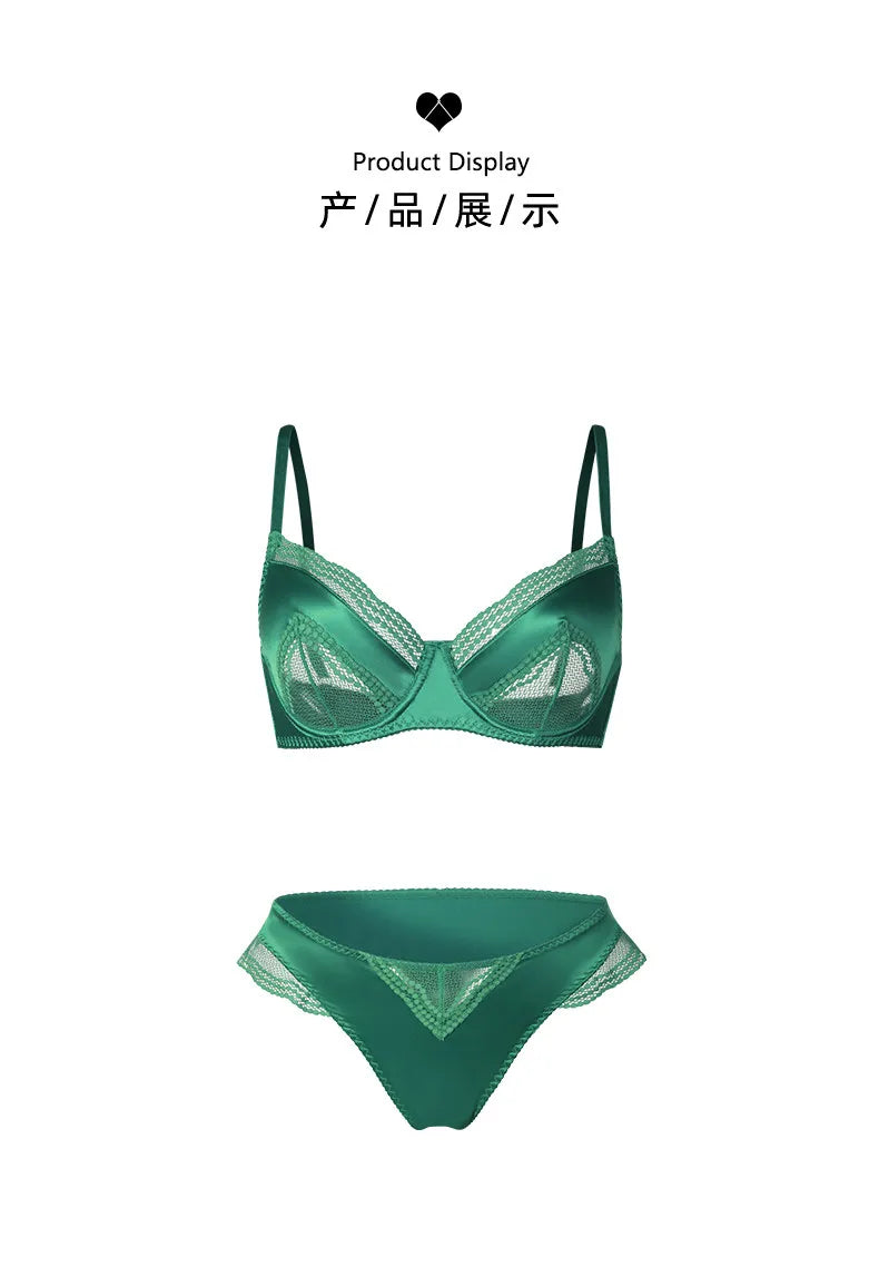 Sexy French Satin Lace Lingerie Set for Large Bust Ladies, Sheer Slim Chest, Summer Ultra-thin Small-cup Support Bra Set, S-XL