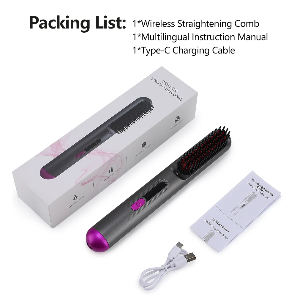 Cordless Hair Straightener Brush 3 Temperature Electric Negative Ions Ceramic Anti-Scald Heated Comb Hair Styling Tools