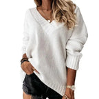 Fashionable casual women's autumn and winter new solid color sweater women's foreign trade V-neck long sleeve pullover knit top
